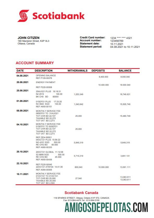 Modelo de extrato bancário do Canadá Scotiabank para impressão em formato Word e PDF